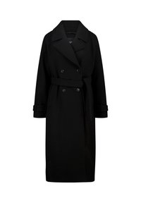 Zwarte wolmix trenchcoat met een dubbelzijdig ontwerp, grote revers, een taille met riem en details op de mouwen. Gladde textuur, knie-lengte.