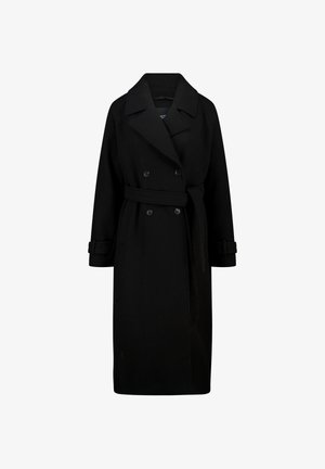 Trench coat in misto lana nera con design doppiopetto, ampi revers, vita con cintura e dettagli sui polsini. Tessuto liscio, lunghezza al ginocchio.
