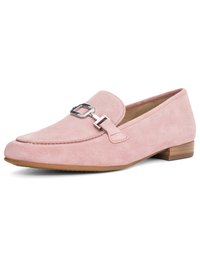 Pink suede loafer with silver metal buckle detail and low wooden heel, angled view showing textured sole and stitching.