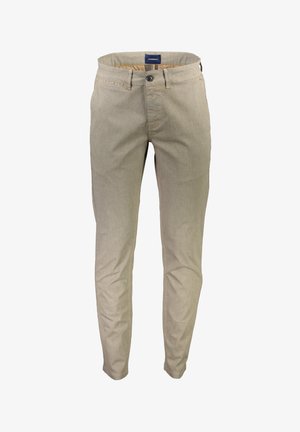 Chino beige realizzati in tessuto misto cotone, con una vestibilità a gamba dritta, una leggera trama e chiusura frontale con bottone, dotati di tasche classiche.