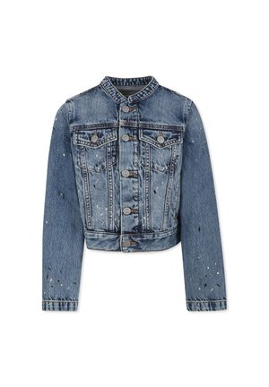 Denim jas met een cropped ontwerp, lichte blauwe kleur, knoopsluiting, twee voorkruiken en versleten details overal.