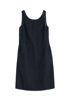 Robe sans manches en denim foncé avec encolure dégagée, deux poches latérales et des boutons décoratifs sur une épaule.