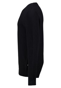 Black textured sweater with a crew neck, long sleeves, and ribbed cuffs. Features side slits at the hem for ease of movement.