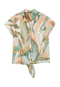 Korte mouw knoopshirt van lichte stof met een meerkleurig bladenpatroon, met een knoopdetail aan de voorkant.