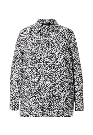 Luipaardprint overhemd met knopen in zwart en wit, lange mouwen, zachte stof, met een kraag en knoopsluiting aan de voorkant.