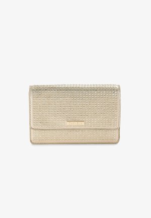 Metallic gold clutch wallet with textured grid pattern, smooth finish, and a logo plate on the front. Features a flap closure.