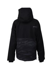 Chaqueta con capucha negra con un patrón de camuflaje gris oscuro en la parte baja de la espalda y el logo "Brunotti" en la parte superior derecha de la espalda.