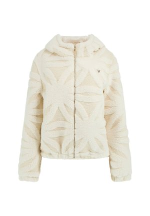Veste en polaire crème avec capuche, présentant un motif floral texturé, une fermeture éclair à l'avant, et des poignets et un ourlet élastiques.