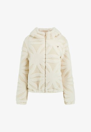 Veste en polaire crème avec capuche, présentant un motif floral texturé, une fermeture éclair à l'avant, et des poignets et un ourlet élastiques.