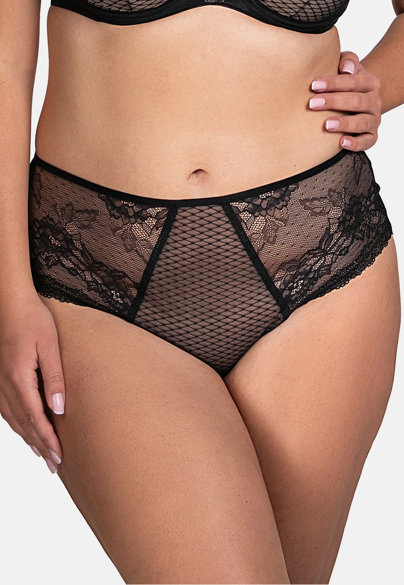 Schwarze Spitzen- und Netz-Stichhöhe-Panties mit floralen Mustern, ausgestattet mit einem glatten Bund und gewellten Kanten für zusätzliche Details.