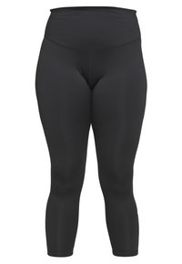 Black high-waisted leggings made of stretchy, smooth material. Features a fitted design and seamless finish with ankle-length cut.