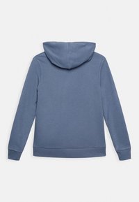Zadní pohled na modrou mikinu z měkkého materiálu, která má kapuci se stahovací šňůrkou a žebrované manžety a spodní lem. Jednoduchý design, bez viditelných log či vzorů.