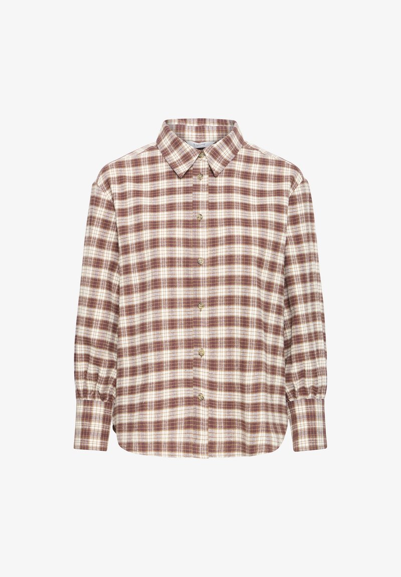Chemise à manches longues boutonnée avec motif à carreaux marron et crème, col pointu et poignets boutonnés sur fond blanc.
