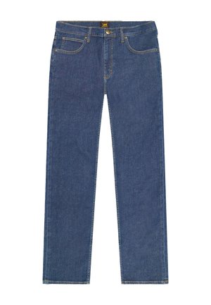 Lee jeans med rett ben i mellomblå denim med fem lommer, knapp og glidelås, samt beltehemper.