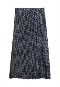 Jupe marine avec motif en zigzag blanc, longueur genou, dotée d'une taille élastique et d'un design fluide. Texture de tissu lisse.