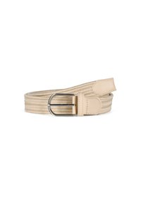 Beige elastic belt with woven texture; silver metal buckle; leather accents at ends. Simple and functional design for casual wear.