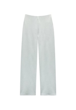 Jasnoszare spodnie typu wide-leg wykonane z miękkiego materiału, charakteryzujące się gładką teksturą oraz wysokim stanem w prostym, klasycznym stylu.