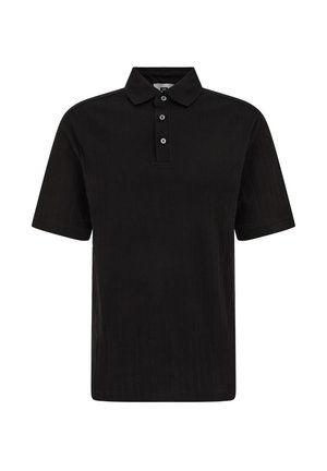 Polo noir à manches courtes en tissu texturé, avec un col classique et une patte à trois boutons sur fond blanc.