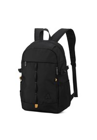Zaino nero realizzato in tessuto testurizzato, dotato di spallacci regolabili, numerose tasche e logo. Accenti in giallo dorato. Forma rettangolare.