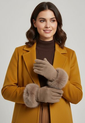 Beige knitted gloves with soft fur cuffs. The gloves are ribbed and fitted, while the cuffs are fluffy and round, adding texture and warmth.