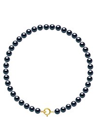 Collier noir en perles rondes, avec un fermoir doré, offrant une finition lisse et brillante, et des perles de taille uniforme.