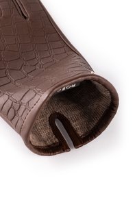 Braune Lederhandschuhe mit einem strukturierten Krokodilledermuster, einem weichen Stofffutter und einem offenen Bündchen-Design.