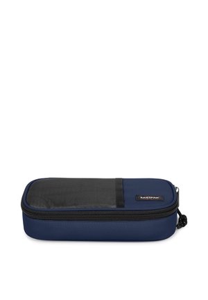 Rektangulær mørkeblå og sort penalhus med lynlås, forlomme og Eastpak-logo på toppen.