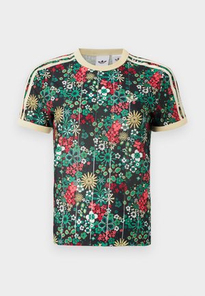 Black short-sleeve Adidas t-shirt with colorful floral pattern, beige collar, sleeve cuffs, and three beige stripes on shoulders.