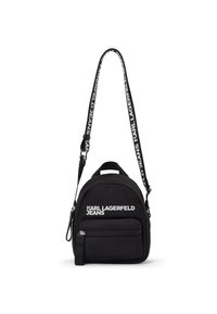 Black mini backpack with front zipper pocket and adjustable shoulder strap featuring "Karl Lagerfeld Jeans" branding in white.