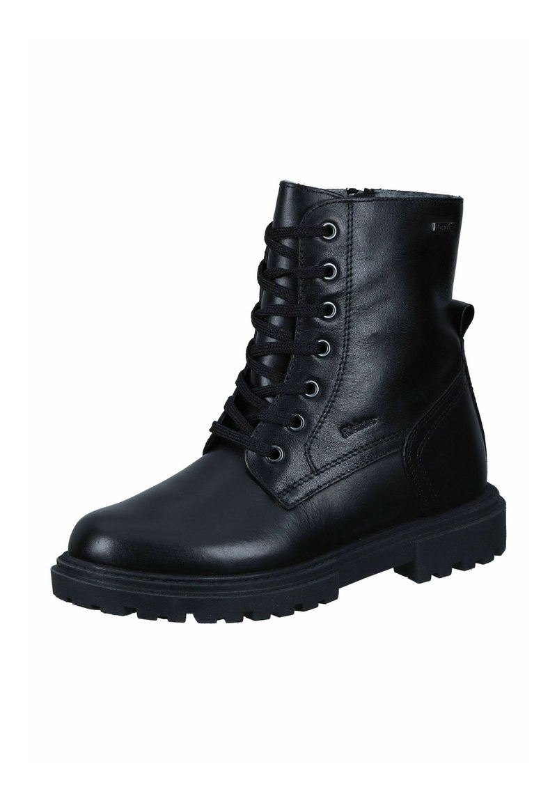 Schwarze Leder-Ankle-Boots mit runder Zehenform, Schnürung vorne und robustem Sohlenprofil mit Profil für besseren Halt. Seitenreißverschluss für einfaches An- und Ausziehen.