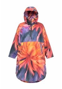 Hooded pullover jacket with half zipper and large front pocket, featuring a vibrant orange, purple, and black abstract floral pattern.