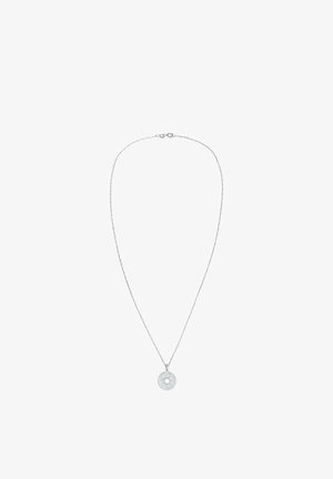 Silver necklace with a delicate chain, featuring a circular pendant with a textured border and a central gemstone detail.