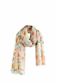 Lightweight, cream scarf with colorful holiday-themed patterns, including ornaments and gifts, featuring a subtle texture and gold accents.