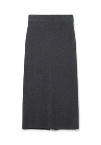 Falda midi de punto acanalado gris oscuro con silueta recta y cintura elástica sobre un fondo blanco.