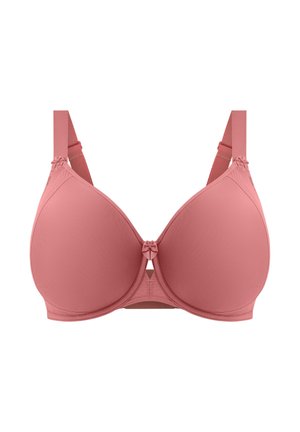 Sujetador rosa claro con copas moldeadas, tirantes ajustables y un lazo decorativo en el centro. Tela suave con ligero brillo y textura sutil.