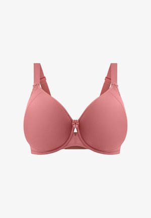 Vaaleanpunainen rintaliivit muotoilluilla kupeilla, säädettävillä olkaimilla ja koristeellisella rusetilla keskellä. Sileä kangas, jossa on kevyt kiilto ja hienovarainen tekstuuri.