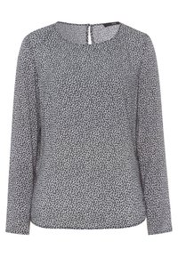 Svart och vit långärmad blus med en strukturerad, prickig mönstring, rund halsringning och en nyckelhålsöppning på ryggen.