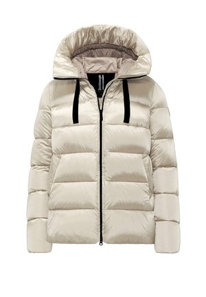 Giacca a vento beige con cappuccio, dotata di stringhe nere, chiusura con zip e design trapuntato per una maggiore isolazione. Texture liscia e lucida.