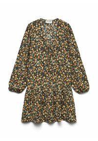 Robe noire avec de longues manches bouffantes, ornée d'un motif floral jaune, orange et vert. Design évasé avec un décolleté en V et une taille froncée.