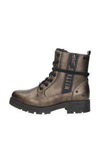 Bronzen enkelboot met veterfront, nepbont kraag en contrasterende zwarte accenten. Robuuste zool biedt grip en stabiliteit.