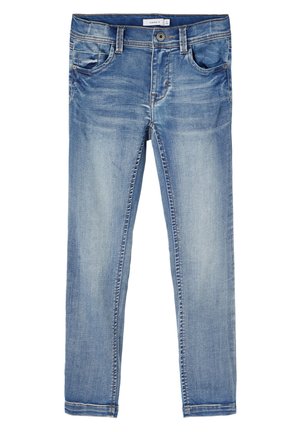 Lyseblå slim-fit jeans med forreste knap og lynlås, bæltestropper samt falmet detaljering på lårene og knæene