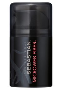 Svart cylindrisk behållare med ett genomskinligt mörkt lock, märkt "Sebastian Professional Microweb Fiber" i vit och rosa text.