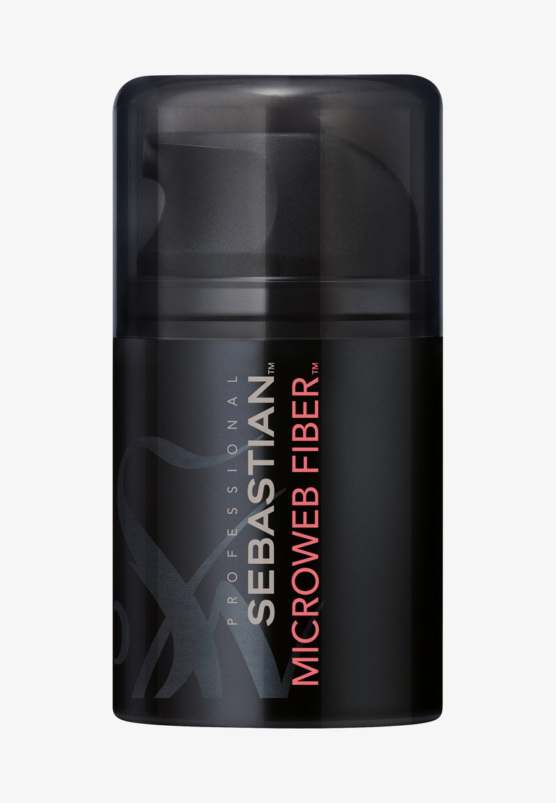 Schwarzer zylindrischer Behälter mit einem durchsichtigen, dunklen Deckel, beschriftet mit "Sebastian Professional Microweb Fiber" in weißen und pinken Buchstaben.