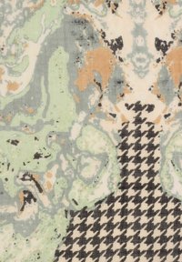 Textile featuring a marbled pattern in green, orange, and cream, paired with a black and white houndstooth section. Soft, smooth texture.