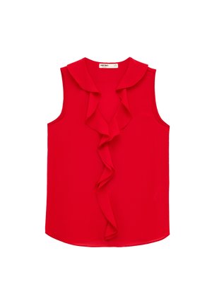 Blouse rouge sans manches avec col en V à volants et détails sur le devant, en tissu lisse, étalée à plat sur fond blanc.