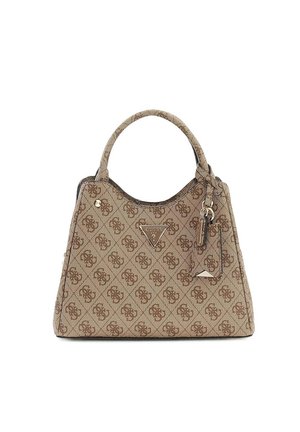 Borsa Guess marrone con motivo a logo ripetuto, piastra triangolare in metallo con logo, manico superiore e etichette in pelle attaccate.