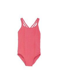 Rosa baddräkt i helkropp med texturerade blommönster, utrustad med dubbla korskorsremmar på baksidan och en låg skärning vid benen.