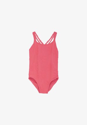 Roze badpak met textuur bloemenpatronen, voorzien van dubbele kruislings straps op de rug en een laag uitgesneden beenontwerp.