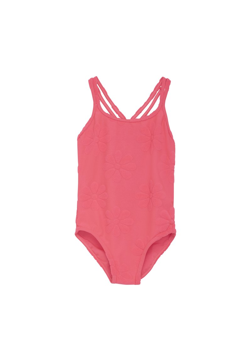 Rosa baddräkt i helkropp med texturerade blommönster, utrustad med dubbla korskorsremmar på baksidan och en låg skärning vid benen.