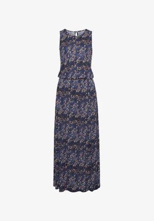 Floral-patterned maxi dress in navy blue with beige accents, sleeveless design, round neckline, and a flowing silhouette.
